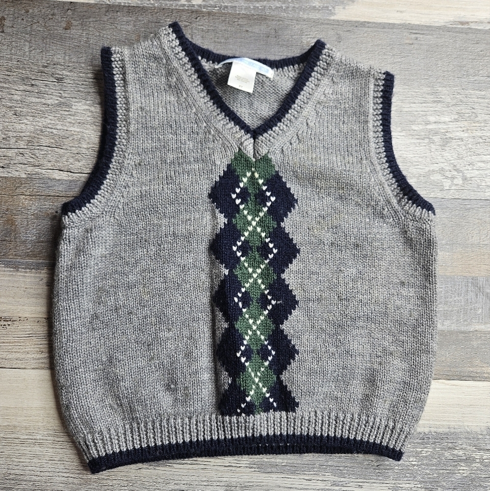 Janie and Jack Boys Sweater Vest 2T #bluetag Grey with Blue Green Argyle